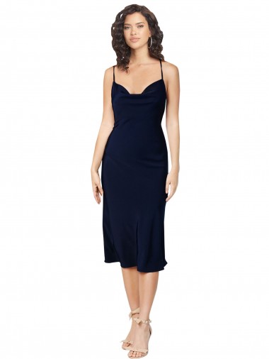 Wholesale Silky Satin Cowl Neck Open Back A-Line Dark Navy Formal Evening Dress UK