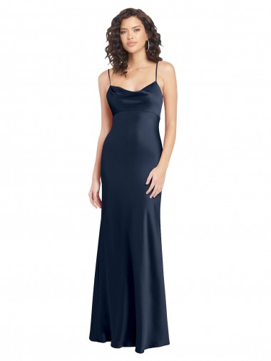 Wholesale Stretch Satin Cowl Neck Open Back A-Line Dark Navy Black Tie Evening Dress UK