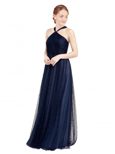 Wholesale Tulle Halter Neck A-Line Navy Blue Evening Dress UK
