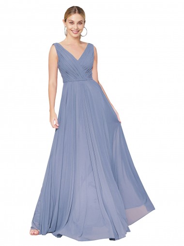 Wholesale Soft Chiffon High Neck V-Back A-Line Dusty Blue Formal Evening Dress UK