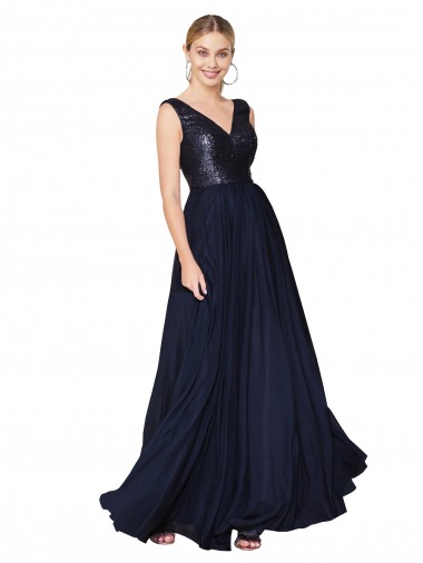 Wholesale Soft Chiffon & Sequin High Neck V-Back A-Line Dark Navy Semi Formal Evening Dress UK