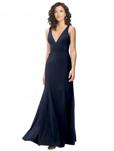 Wholesale Stretch Crepe High Neck V-Back A-Line Dark Navy Evening Dress UK