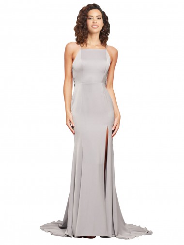 Wholesale Stretch Satin High Neck Low Back A-Line Formal Evening Dress UK