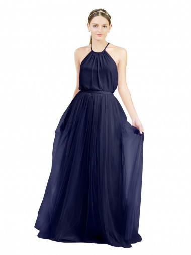 Wholesale Tulle High Neck A-Line Navy Blue Semi Formal Evening Dress UK