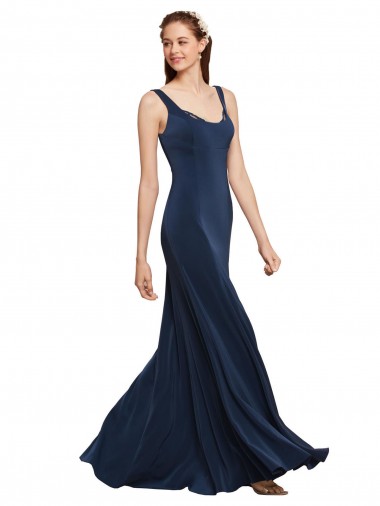 Wholesale Stretch Crepe Round Neck Low Back A-Line Dark Navy Evening Dress UK