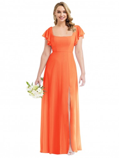 Wholesale Soft Chiffon Square Neck Open Back A-Line Tangerine Tango Semi Formal Evening Dress UK