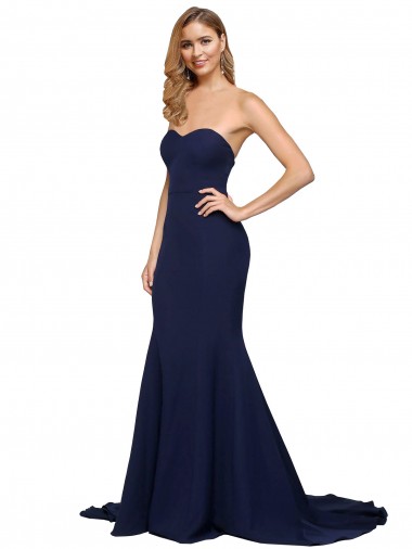 Wholesale Stretch Crepe Sweetheart Low Back A-Line Dark Navy Formal Evening Dress UK