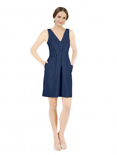Wholesale Satin V-Neck Open Back A-Line Dark Navy Evening Dress UK