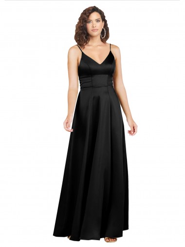 Wholesale Silky Satin V-Neck V-Back A-Line Black Formal Evening Dress UK