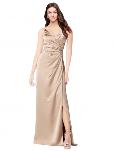 Wholesale Silky Satin V-Neck Low Back A-Line Champagne Pink Formal Evening Dress UK