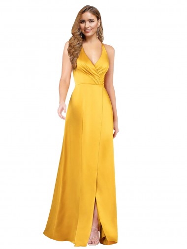 Wholesale Silky Satin V-Neck Open Back A-Line Evening Dress UK