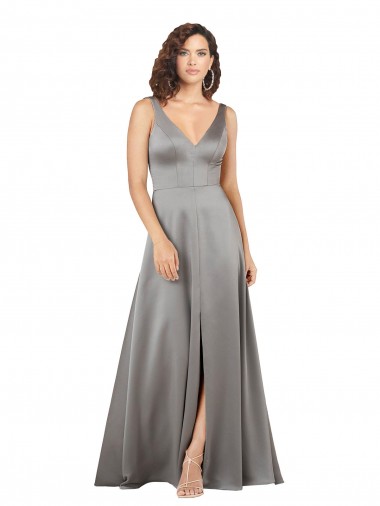 Wholesale Silky Satin V-Neck A-Line Pearl Grey Formal Evening Dress UK