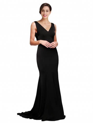 Wholesale Silky Satin V-Neck Low Back A-Line Black Formal Evening Dress UK