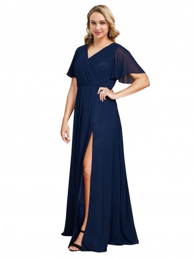 Wholesale Soft Chiffon V-Neck A-Line Dark Navy Plus Size Formal Evening Dress UK