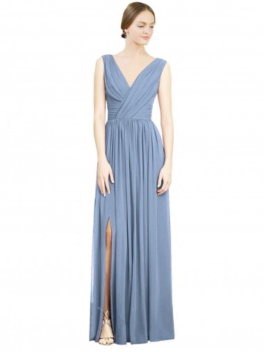 Wholesale Soft Chiffon V-Neck A-Line Dusty Blue Semi Formal Evening Dress UK