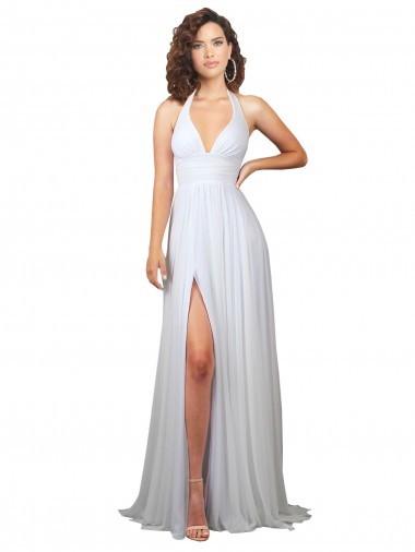 Wholesale Soft Chiffon V-Neck Low Back A-Line White Semi Formal Evening Dress UK