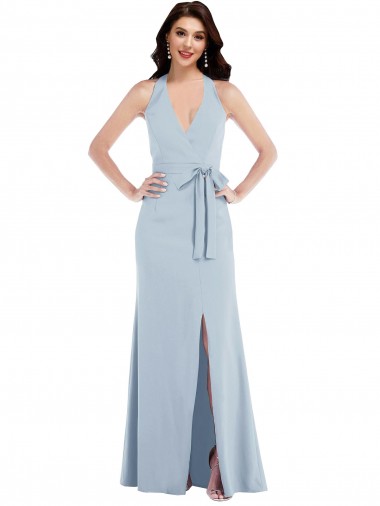 Wholesale Stretch Crepe V-Neck Open Back A-Line Light Sky Blue Formal Evening Dress UK
