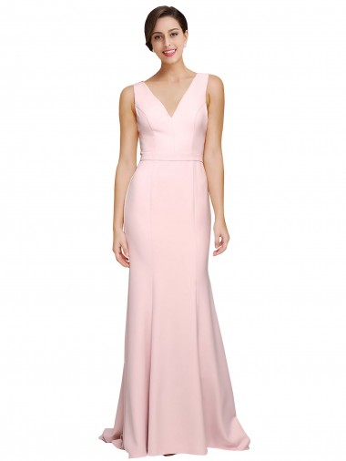 Wholesale Stretch Crepe V-Neck V-Back A-Line Pink Semi Formal Evening Dress UK