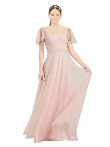 Wholesale Tulle V-Neck A-Line Pink Evening Dress UK