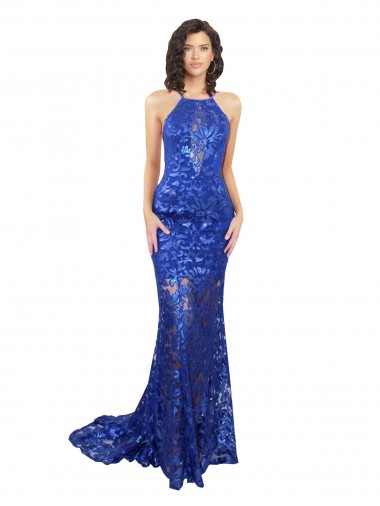 Wholesale Lace High Neck Open Back Mermaid Royal Blue Semi Formal Evening Dress UK