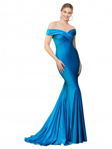 Wholesale Satin High Neck Mermaid Peacock Blue Formal Evening Dress UK