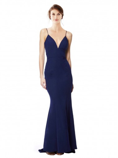Wholesale Stretch Crepe High Neck Open Back Mermaid Navy Blue Evening Dress UK