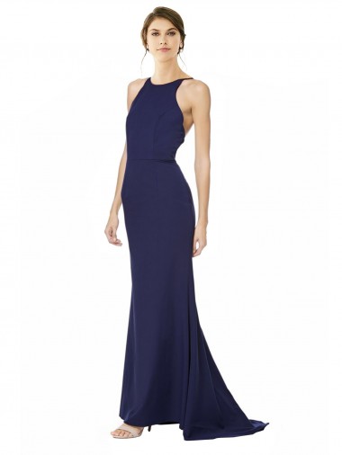 Wholesale Stretch Crepe High Neck Open Back Mermaid Navy Blue Formal Evening Dress UK