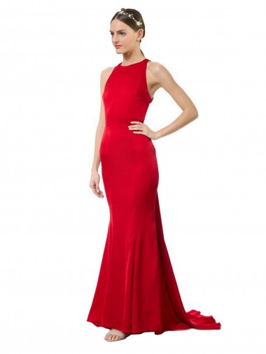 Wholesale Stretch Crepe High Neck Open Back Mermaid Red Formal Evening Dress UK