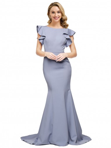 Wholesale Stretch Crepe Round Neck V-Back Mermaid Smoke Blue Formal Evening Dress UK