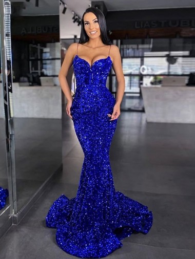 Wholesale Velvet Sequin Spaghetti Straps Mermaid Royal Blue Evening Dress UK