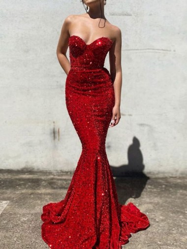 Wholesale Velvet Sequin Sweetheart Mermaid Burgundy Evening Dress UK