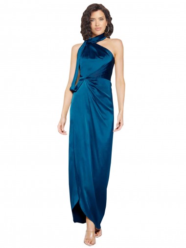 Wholesale Silky Satin High Neck Sheath Peacock Blue Formal Evening Dress UK