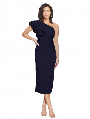 Wholesale Stretch Crepe One Shoulder Midi Length Sheath Dark Navy Formal Evening Dress UK