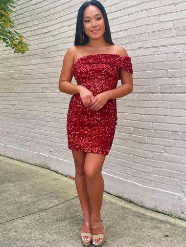 Wholesale Velvet Sequin One Shoulder Sheath Burgundy Evening Dress UK