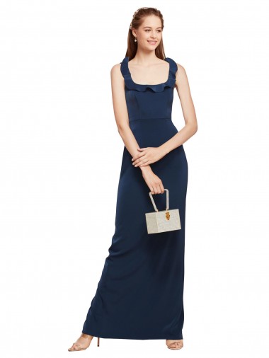 Wholesale Stretch Crepe Scoop Neck Low Back Sheath Dark Navy Formal Evening Dress UK