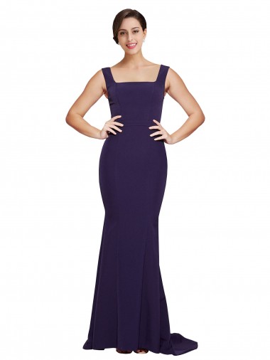 Wholesale Stretch Crepe Square Neck Sheath Dark Navy Semi Formal Evening Dress UK