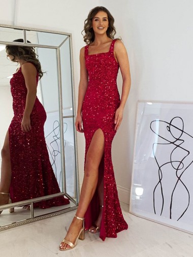 Wholesale Velvet Sequin Square Neck Sheath Burgundy Evening Dress UK