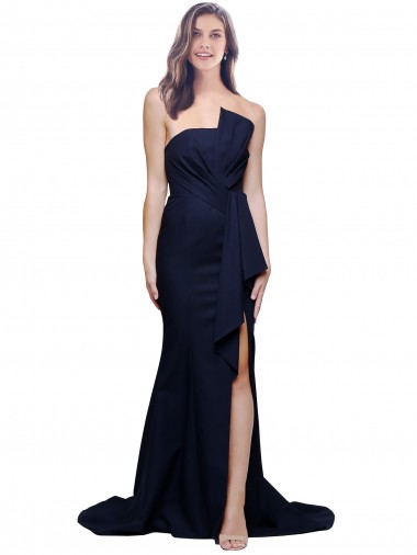 Wholesale Stretch Crepe Strapless Low Back Sheath Dark Navy Semi Formal Evening Dress UK