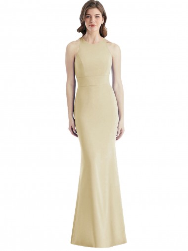 Wholesale Stretch Crepe Bateau Neck Open Back Trumpet Champagne Semi Formal Evening Dress UK