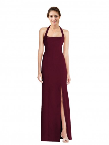 Wholesale Stretch Crepe Halter Neck Open Back Trumpet Burgundy Gold Semi Formal Evening Dress UK