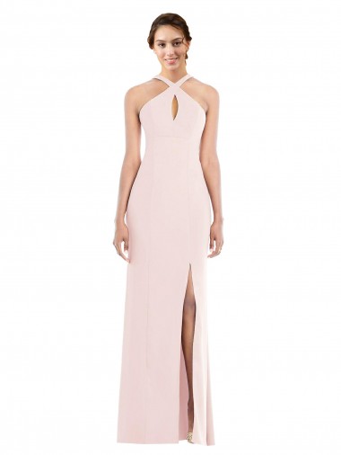 Wholesale Stretch Crepe Halter Neck Low Back Trumpet Pink Formal Evening Dress UK