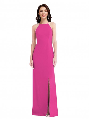 Wholesale Stretch Crepe High Neck Open Back Trumpet Fuchsia Formal Evening Dress UK