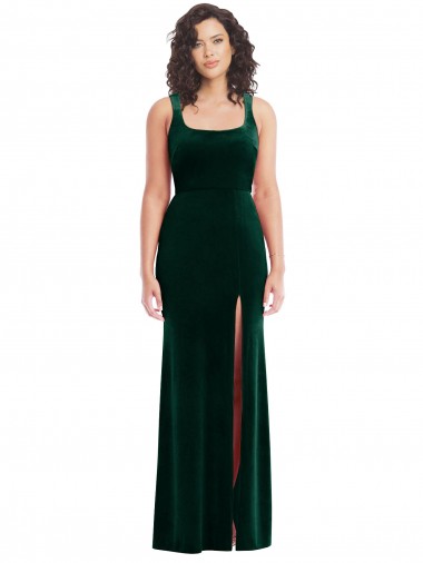 Wholesale Stretch Velvet Square Neck Trumpet Dark Green Semi Formal Evening Dress UK