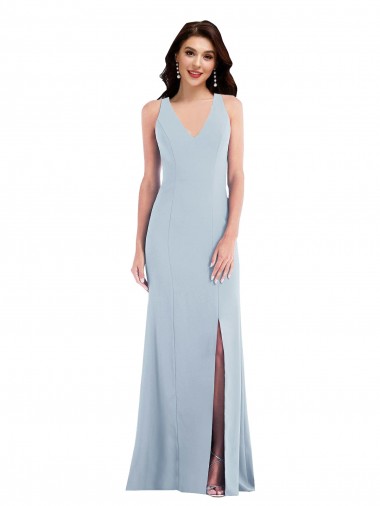 Wholesale Stretch Crepe V-Neck Open Back Trumpet Light Sky Blue Evening Dress UK
